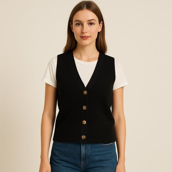 Classic Black Knit Tank Cardigan Philosophy Button Front Sweater Vest Coastal - Picture 1 of 10